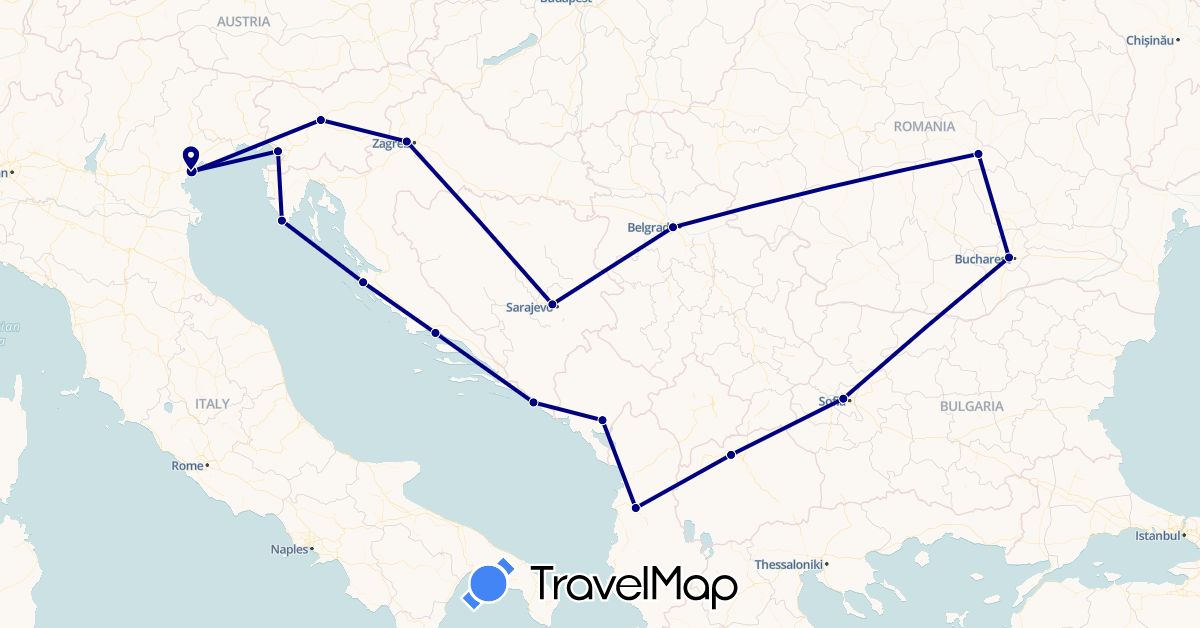 TravelMap itinerary: driving in Albania, Bosnia and Herzegovina, Bulgaria, Croatia, Italy, Montenegro, Macedonia, Romania, Serbia, Slovenia (Europe)